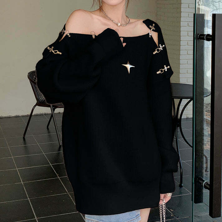 Hollow Knit Metal Snap Long Sleeve Sweater for Gen Z Streetwear