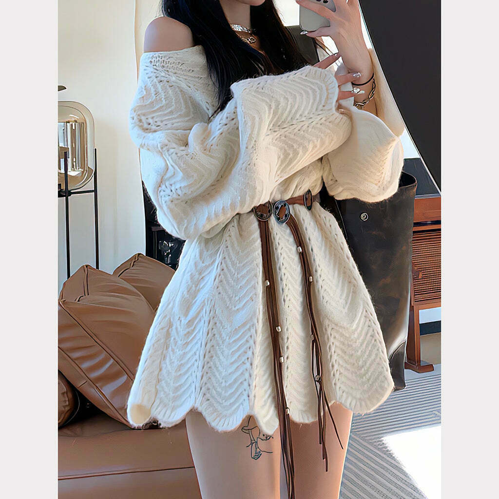 Hollow Knitted Off-Shoulder Sweater Dress for Gen Z Fashionistas