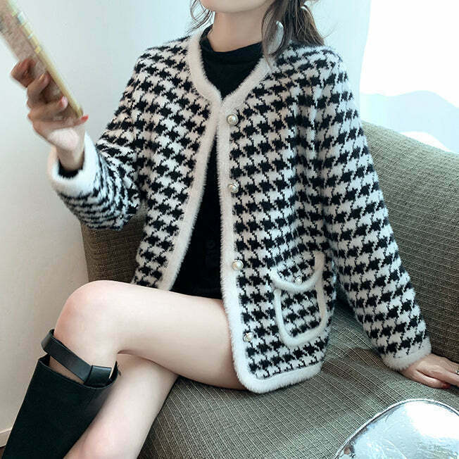 Houndstooth Knit Cardigan: Gen Z Streetwear Y2K Fashion