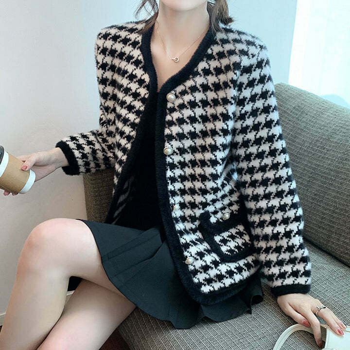 Houndstooth Knit Cardigan: Gen Z Streetwear Y2K Fashion