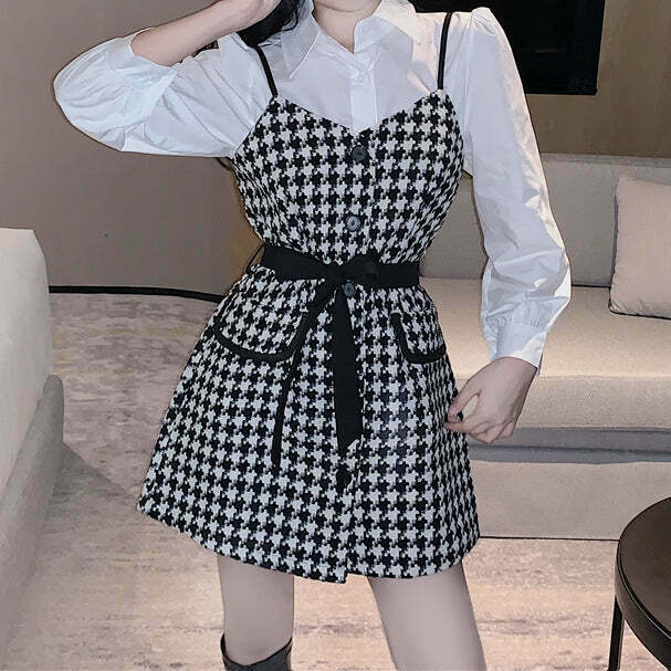 Houndstooth Lace-Up Suspender Dress & White Shirt Set for Gen Z Fashionistas