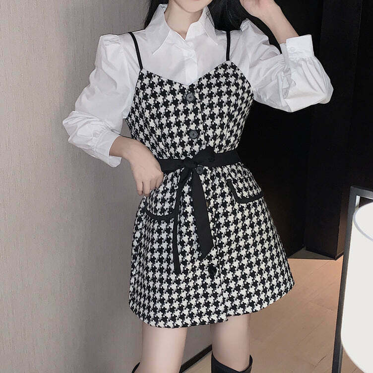 Houndstooth Lace-Up Suspender Dress & White Shirt Set for Gen Z Fashionistas