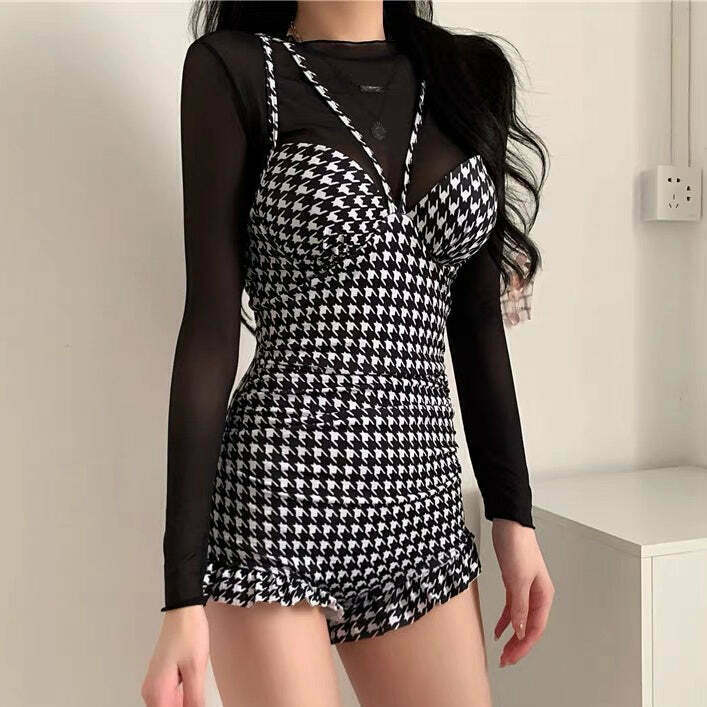 Houndstooth Mesh Long Sleeve Swimsuit Set for Gen Z Streetwear Fashion