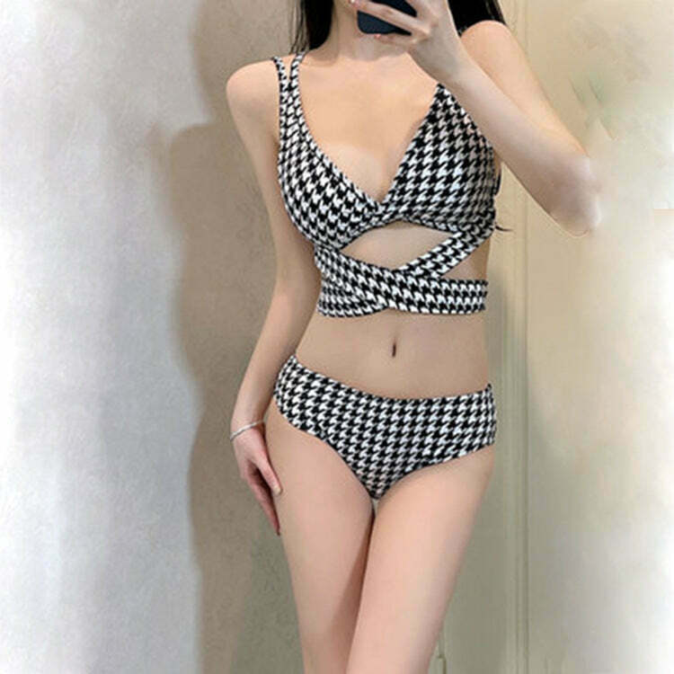 Houndstooth Print Bikini Set for Trendy Gen Z Fashionistas