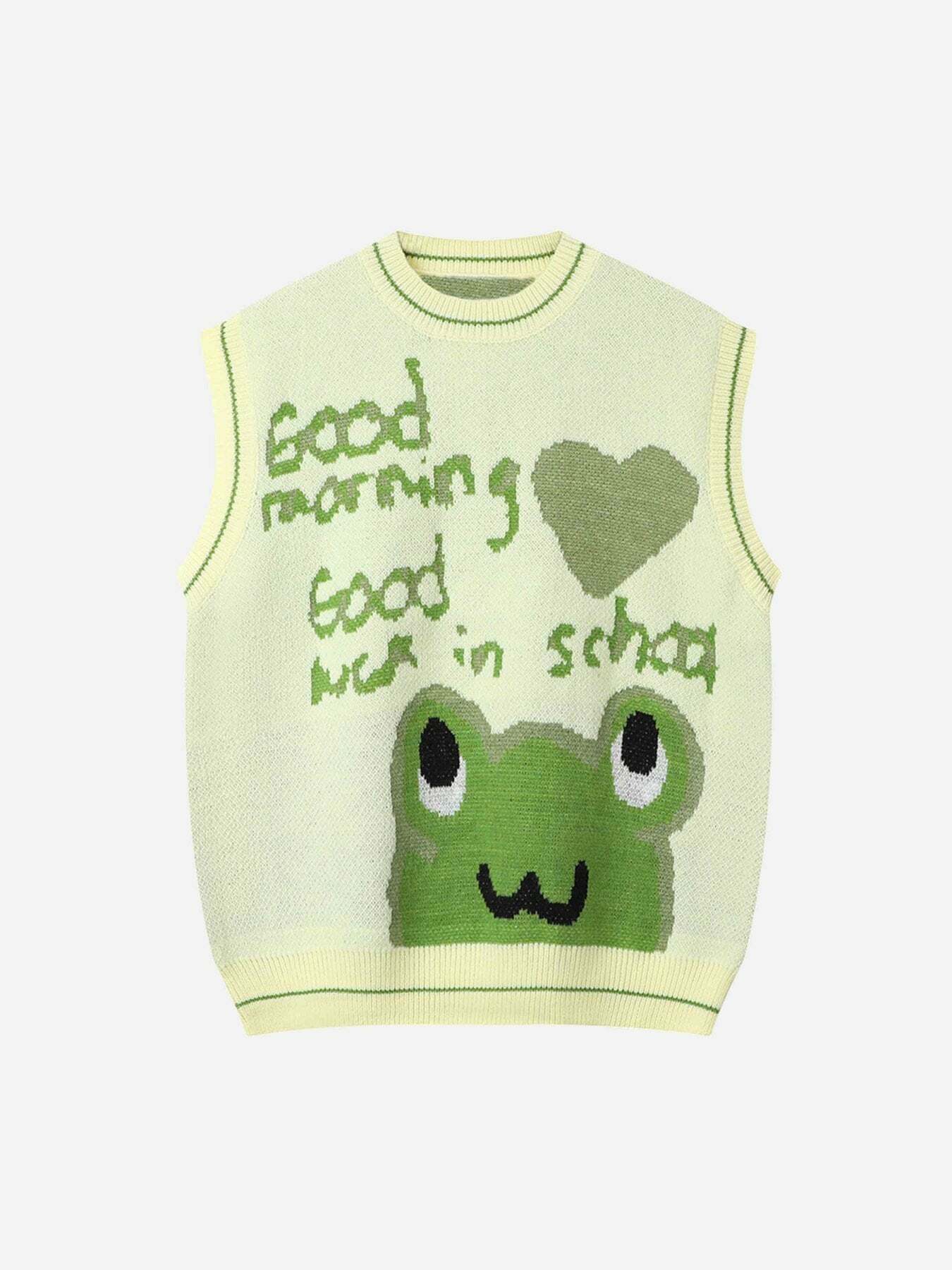 K-POP Style Cartoon Frog Jacquard Knit Vest for Gen Z Streetwear