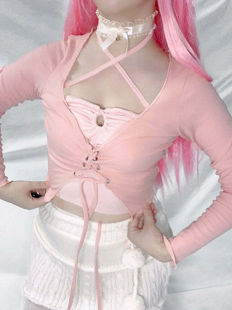 Kawaii Balletcore Pink Princess Top & Cardigan Set for Gen Z Fashion