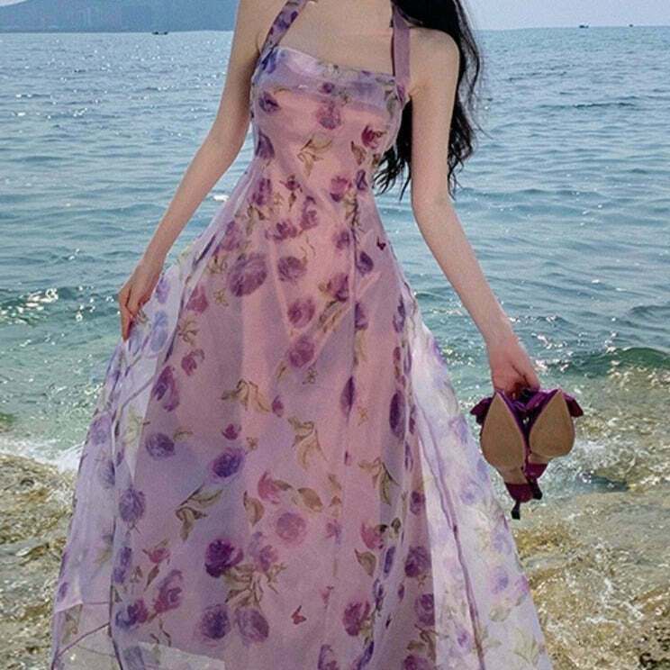 Kawaii Coquette Dress: Purple Sea Roses Fairycore Style