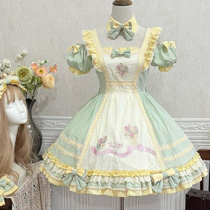 Kawaii Tulip Fields Dress Set with Gloves & Hair Accessories