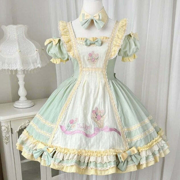 Kawaii Tulip Fields Dress Set with Gloves & Hair Accessories