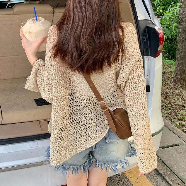 Khaki Hollow Sunscreen Cardigan: Gen Z K-POP Streetwear Fashion