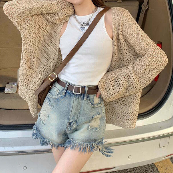 Khaki Hollow Sunscreen Cardigan: Gen Z K-POP Streetwear Fashion