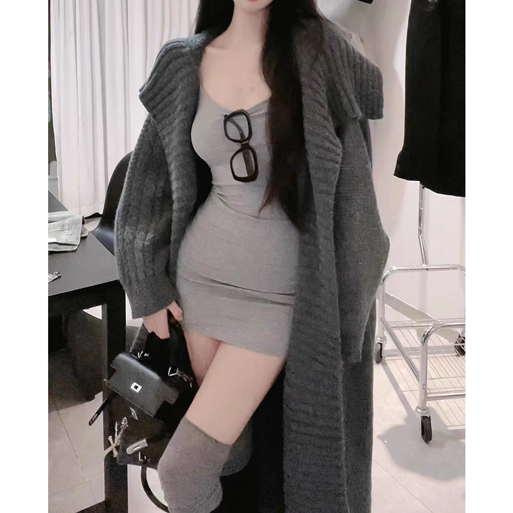 Knitted Cardigan Set with Trendy Suspender Dress | Gen Z Fashion, K-POP, Streetwear