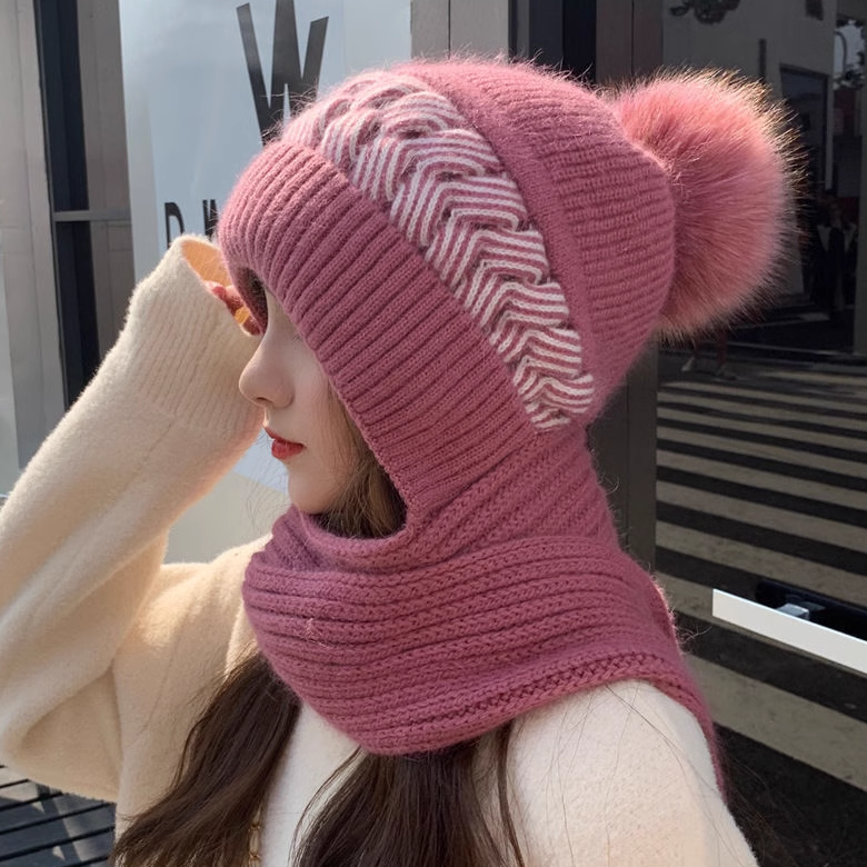 Knitted Wool Hat with Integrated Scarf and Earmuffs for Warm Gen Z Streetwear Style