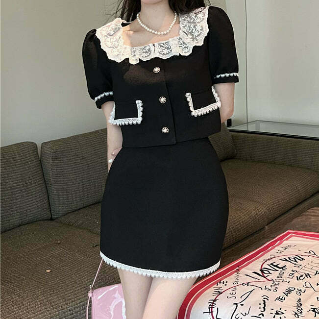 Lace Collar Jacket & High Waist Skirt Set: Gen Z K-POP Streetwear