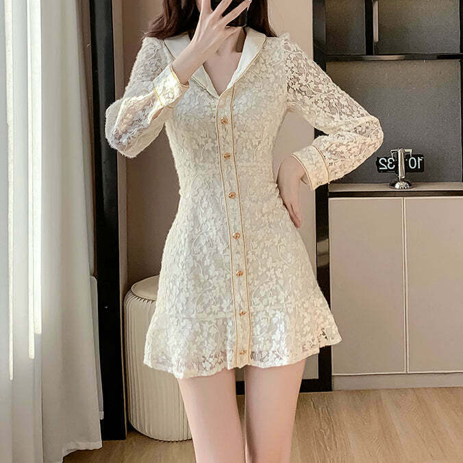 Lace Lapel Floral Dress: Gen Z K-POP Streetwear Y2K Style