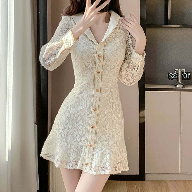 Lace Lapel Floral Dress: Gen Z K-POP Streetwear Y2K Style