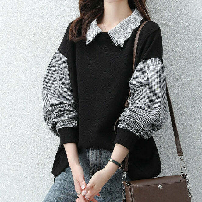 Lace Lapel Plaid Long Sleeve Streetwear Sweatshirt for Gen Z and K-POP Fashion