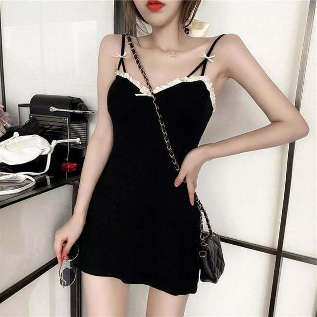 Lace Ribbon Dark Fairycore Cami Dress for Gen Z Fashion: K-POP, Streetwear, Y2K