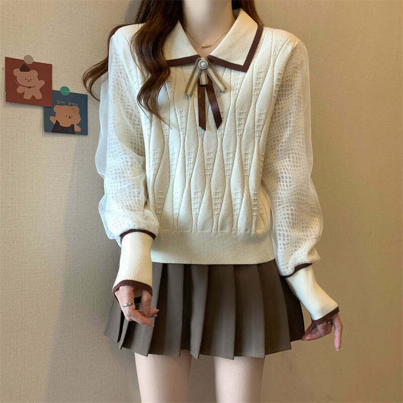 Lace Spliced Pullover Sweater with Pleated Skirt - Trendy Gen Z Fashion