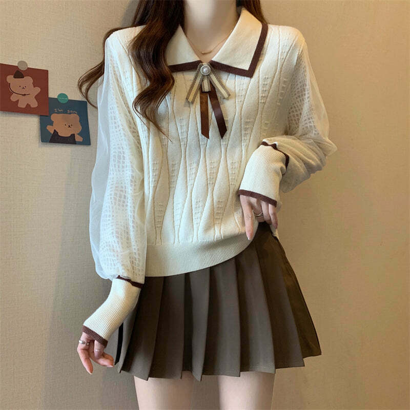 Lace Spliced Pullover Sweater with Pleated Skirt - Trendy Gen Z Fashion