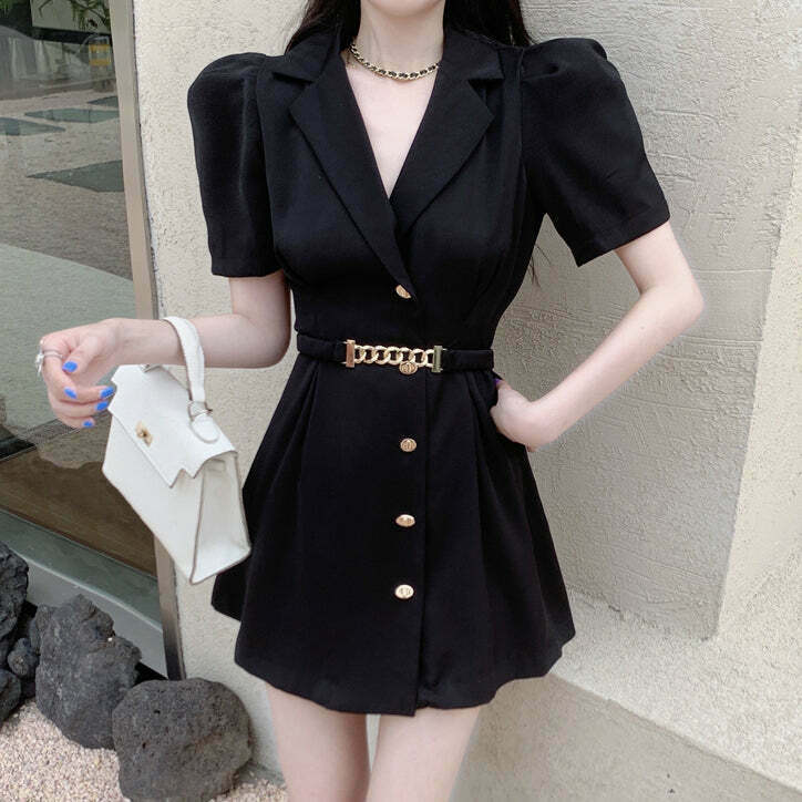 Lace-Up Puff-Sleeve Streetwear Dress for Gen Z Fashionistas