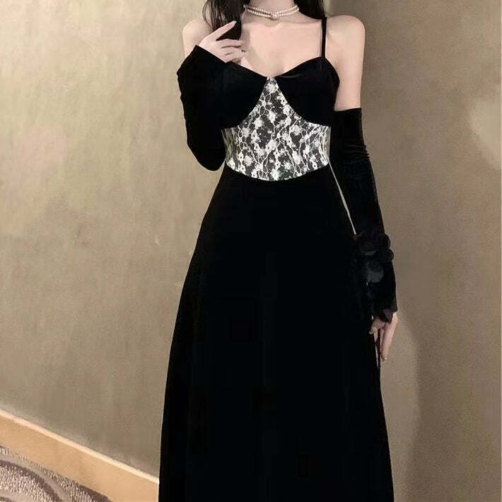 Lace Velvet Sleeves Black Slip Dress for Gen Z Fashion: K-POP, Streetwear, Y2K