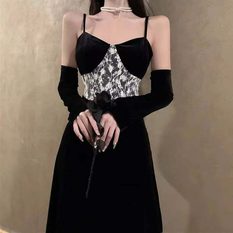 Lace Velvet Sleeves Black Slip Dress for Gen Z Fashion: K-POP, Streetwear, Y2K