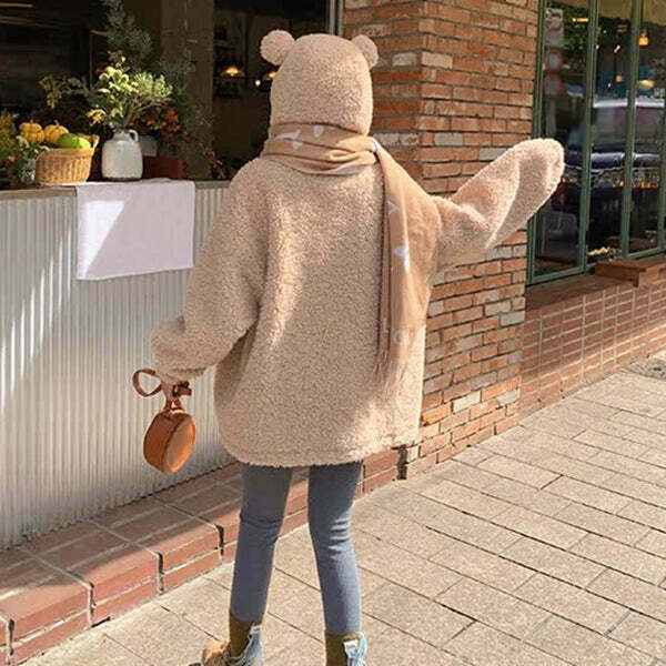 Lamb Fur Hooded Coat with Bear Ears | Gen Z K-POP Streetwear Y2K Fashion