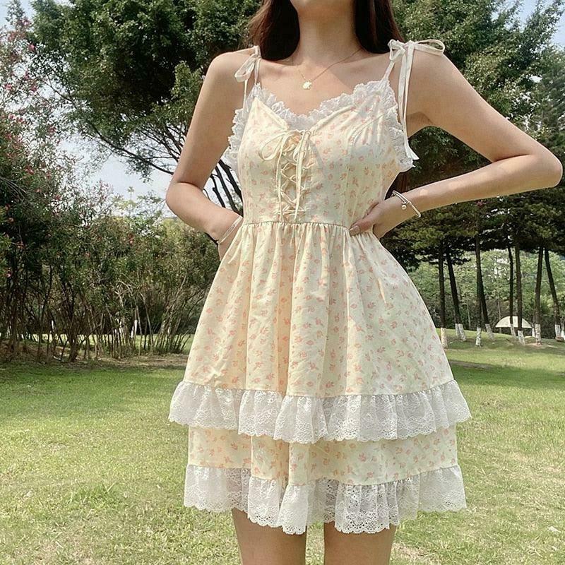 Lemon & Marzipan Rose Cake Fairycore Dress for Gen Z K-POP Streetwear Y2K Fashion