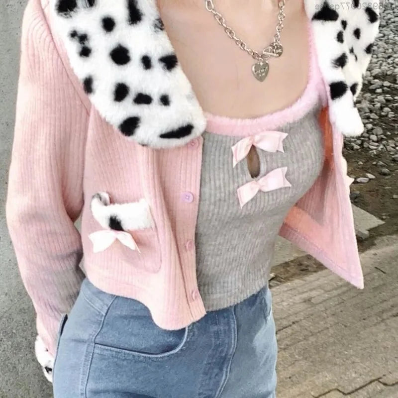 Leopard Print Kawaii Cardigan Set for Gen Z Fashionistas