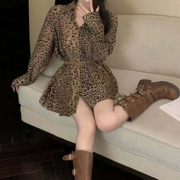 Leopard Print Shirt Dress with Belt - Trendy Gen Z Fashion