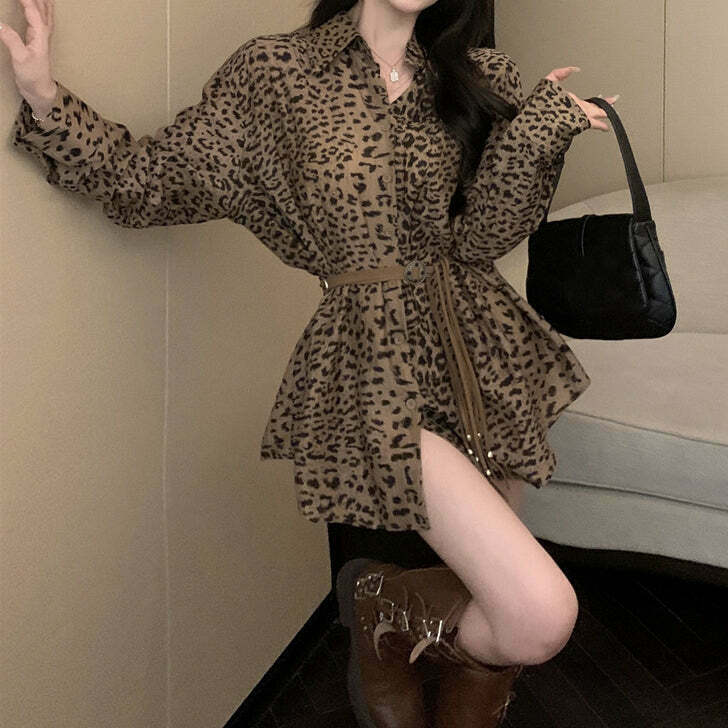 Leopard Print Shirt Dress with Belt - Trendy Gen Z Fashion