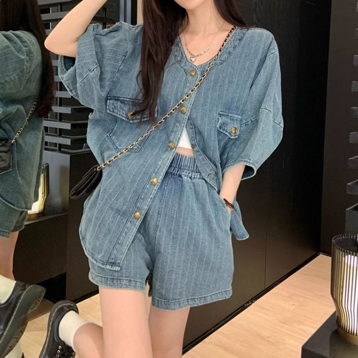 Loose V-Neck Denim Top with Wide-Leg Shorts - Gen Z K-POP Streetwear Set