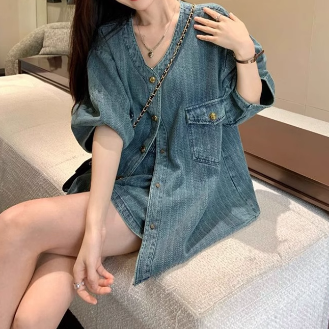 Loose V-Neck Denim Top with Wide-Leg Shorts - Gen Z K-POP Streetwear Set