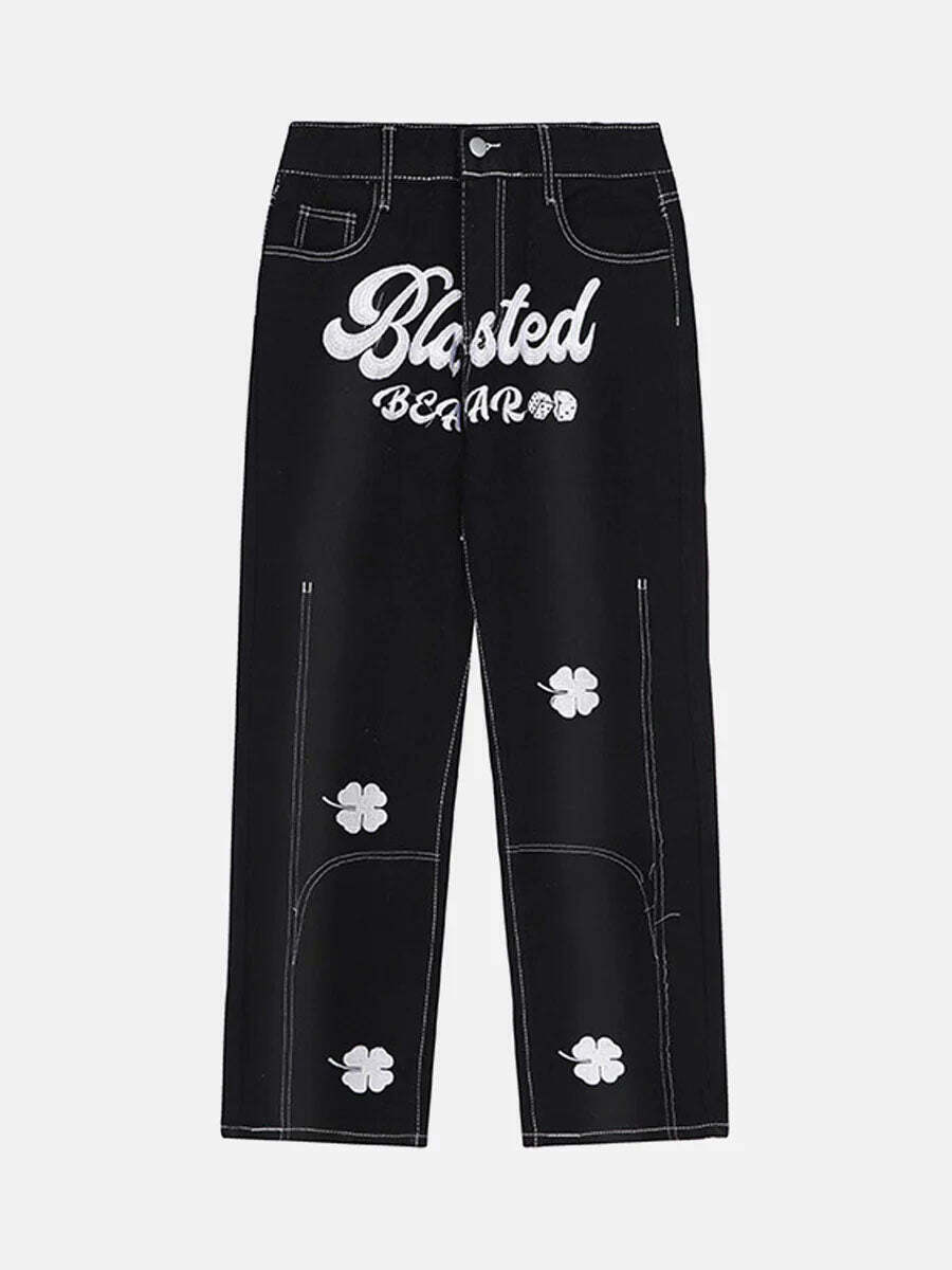 Lucky Clover Embroidered Baggy Jeans for Gen Z Fashion - Y2K Streetwear