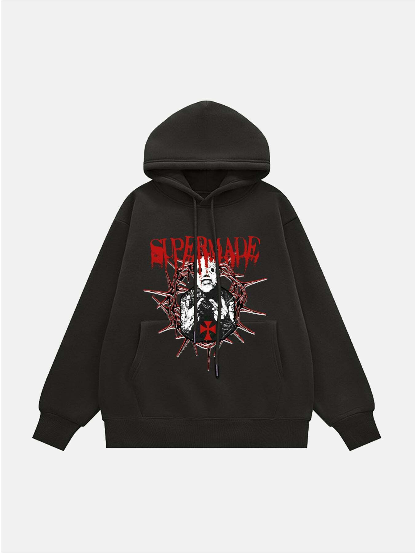 Man Print Fleece Hoodie with Logo Lock Design - Trendy Streetwear for Gen Z and K-POP Fans