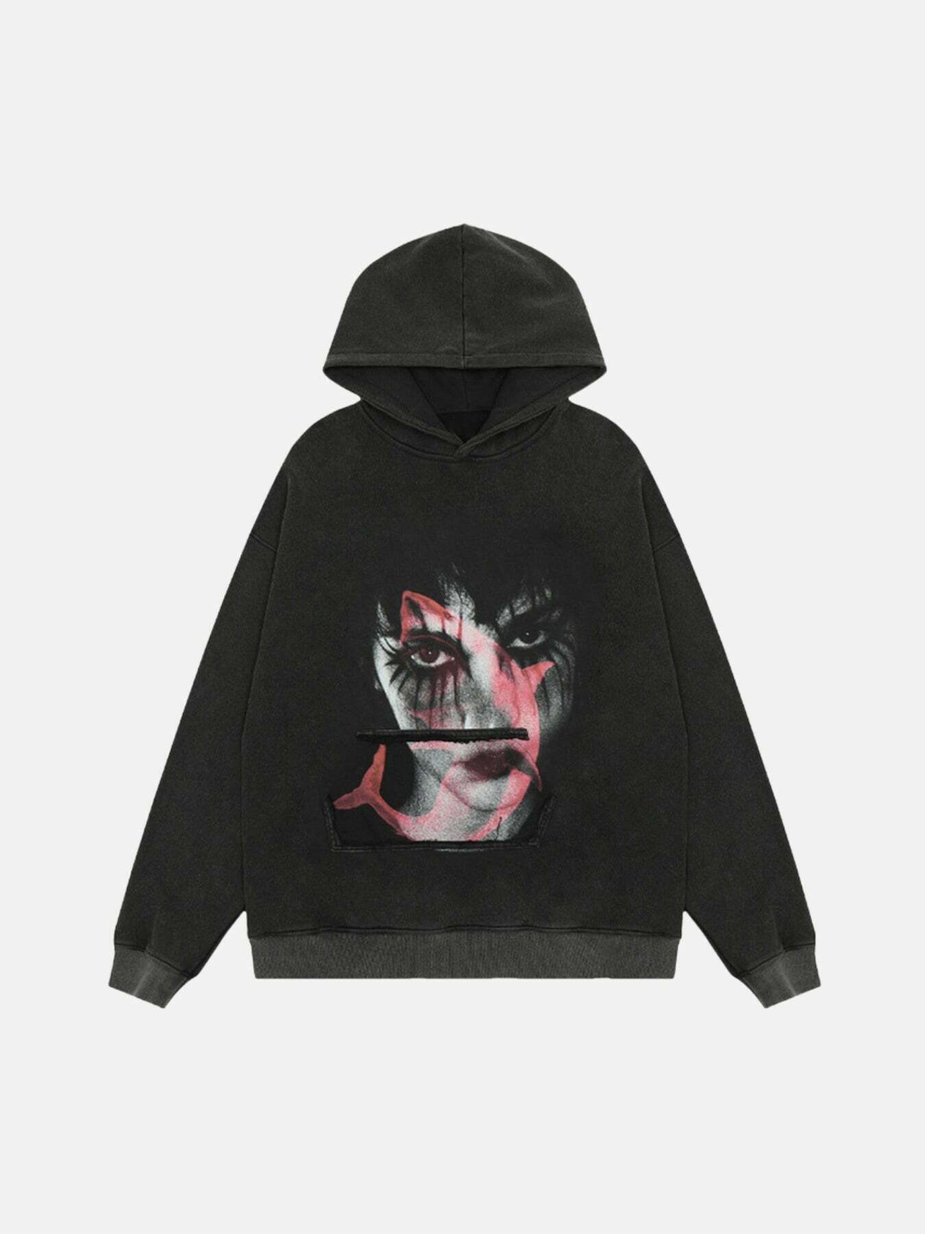 Melancholy Face Graphic Hoodie for Gen Z Streetwear Fashion