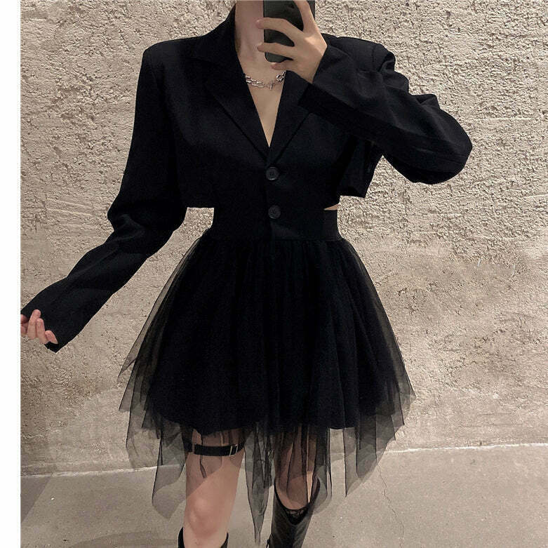 Mesh Cocktail Dress with Black Suit Collar | Gen Z K-POP Streetwear Y2K Fashion