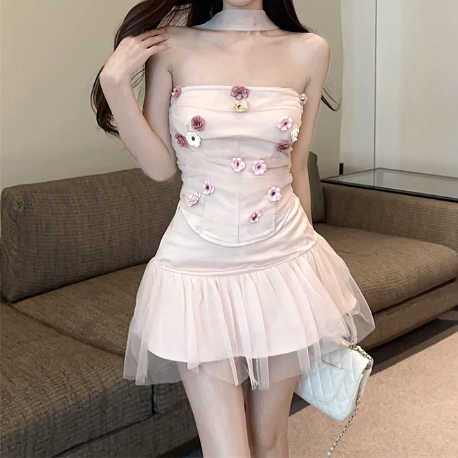 Mesh Flower Tube Top & Puffy Skirt Set for Gen Z K-POP Streetwear