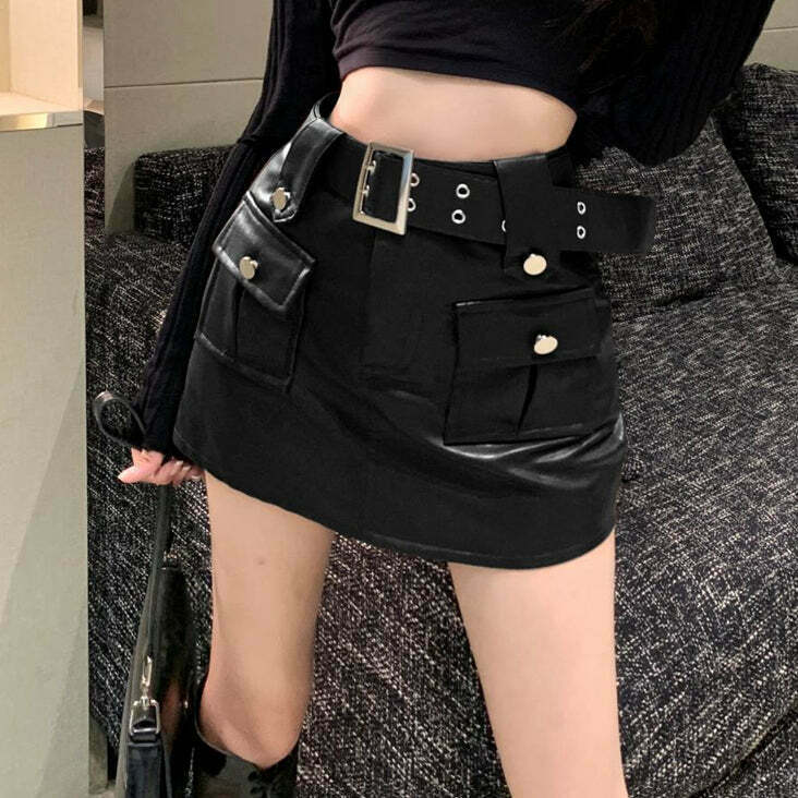 Metal Buckle High Waist Leather Skirt with Pocket - Gen Z K-POP Streetwear