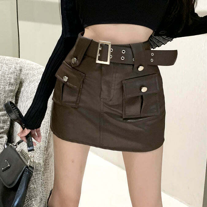 Metal Buckle High Waist Leather Skirt with Pocket - Gen Z K-POP Streetwear