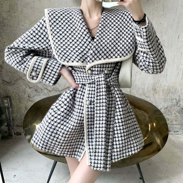 Navy Houndstooth Wool Trench Coat with Belted Collar - Gen Z K-POP Streetwear