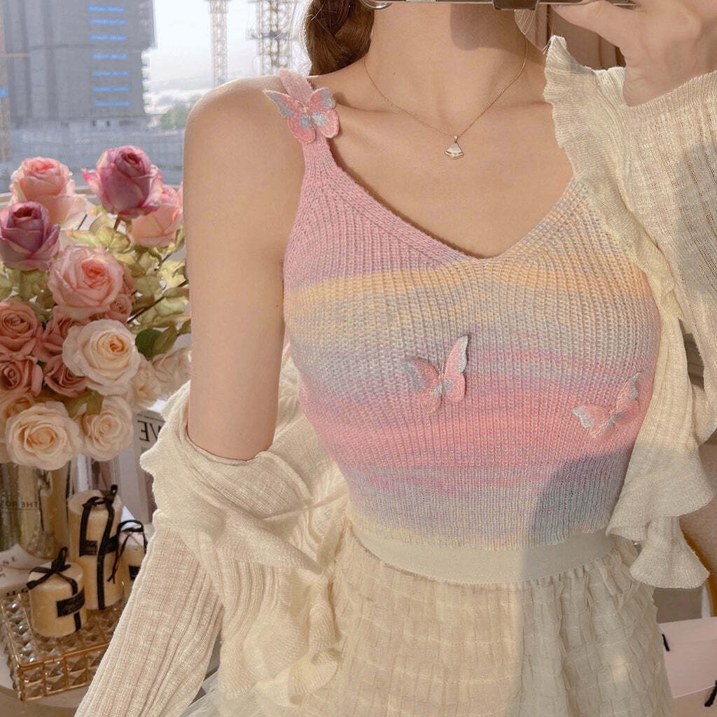 Neon Butterfly Knit Camisole - Trendy Gen Z K-POP Streetwear