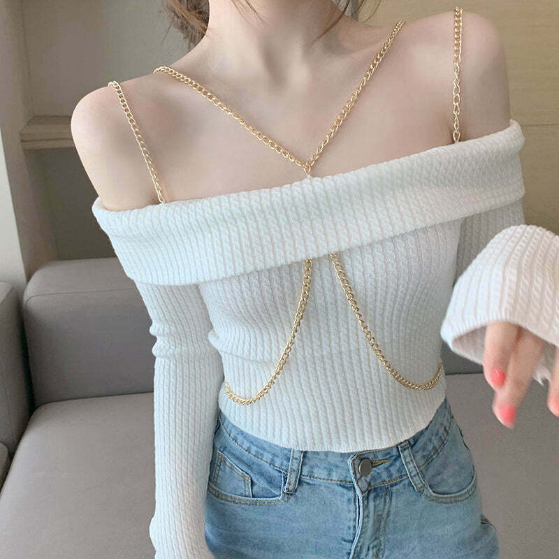 Off-Shoulder Chain Detail Knit Sweater - Gen Z K-POP Streetwear Y2K