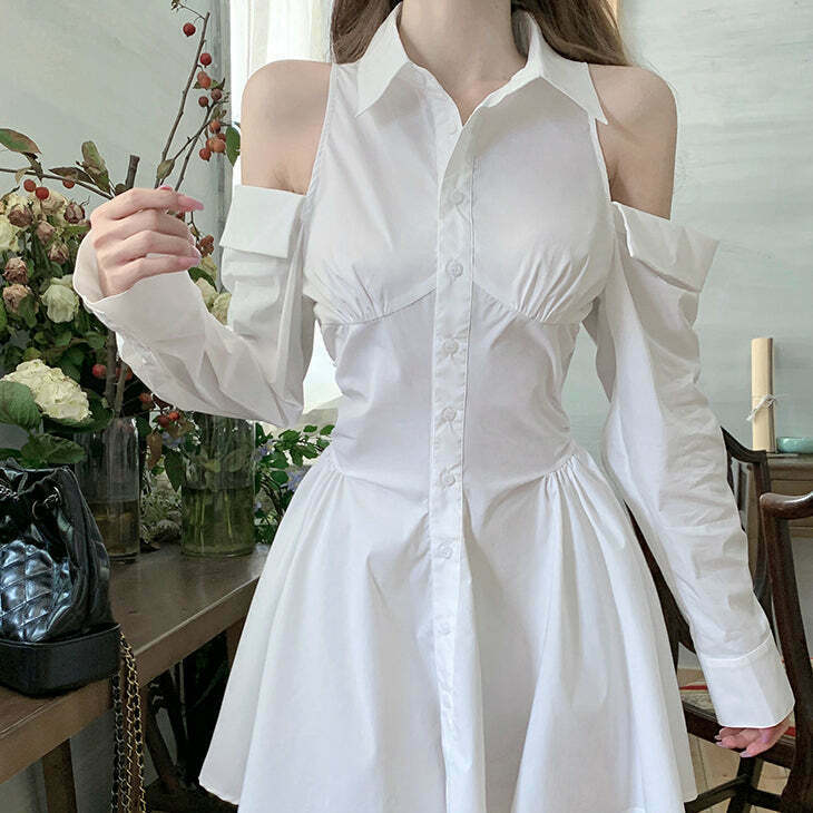 Off-Shoulder Fitted Shirt Dress for Gen Z K-POP Streetwear