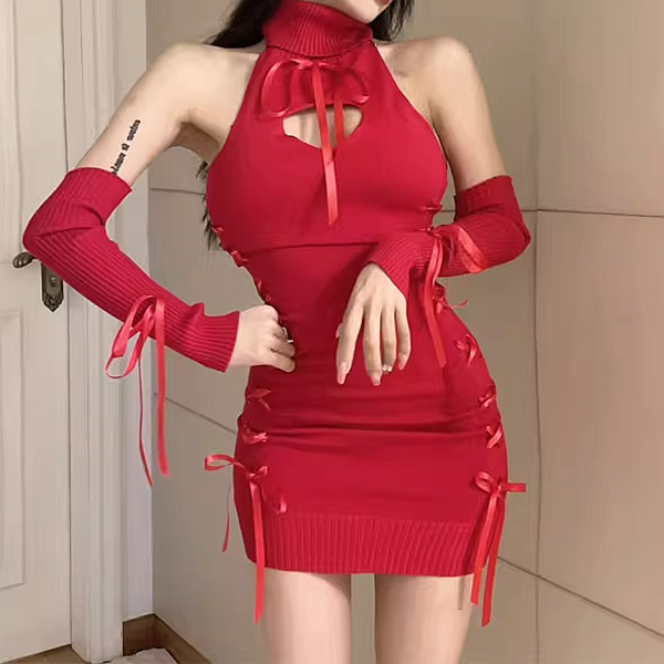 Off-Shoulder Knitted Christmas Dress for Gen Z Streetwear Style