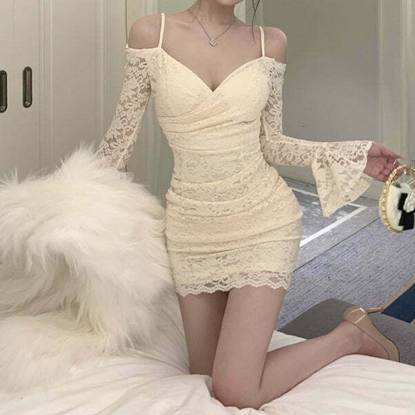 Off-Shoulder Lace Bodycon Dress with Ruffle Sleeves - Trendy Gen Z K-POP Streetwear