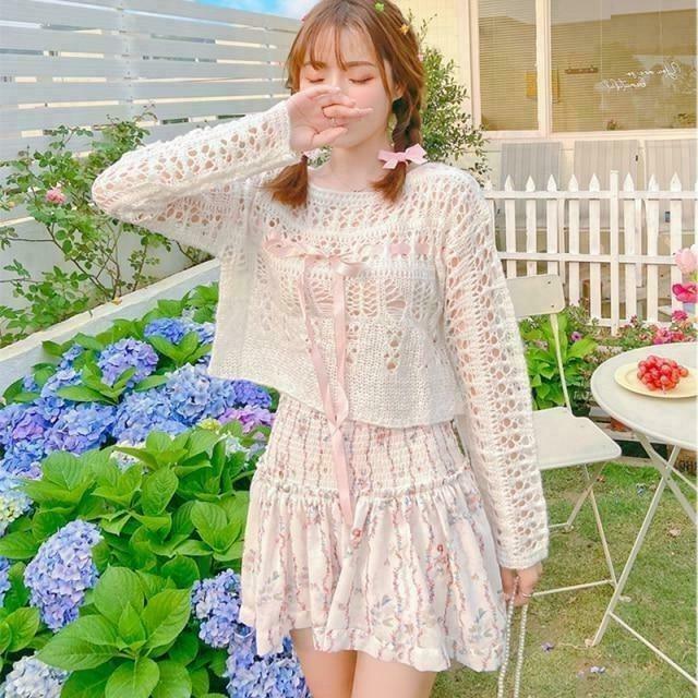 Pansies & Peach Tea Party Dress Set: Gen Z K-POP Streetwear Y2K