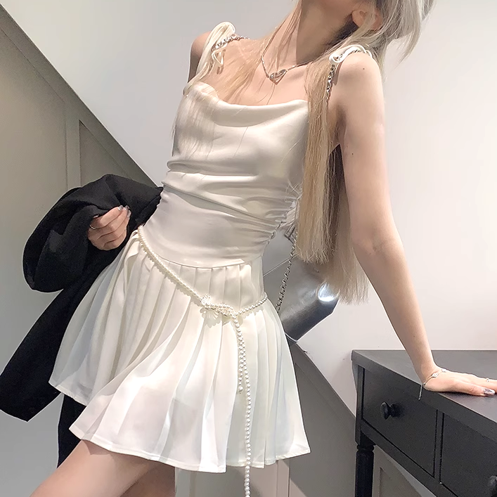 Pearl Belt Pleated Slip Dress: Trendy Gen Z K-POP Streetwear Y2K Style