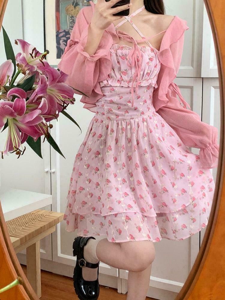 Perfumed Roses Fairycore Dress & Cardigan Set for Gen Z Fashion